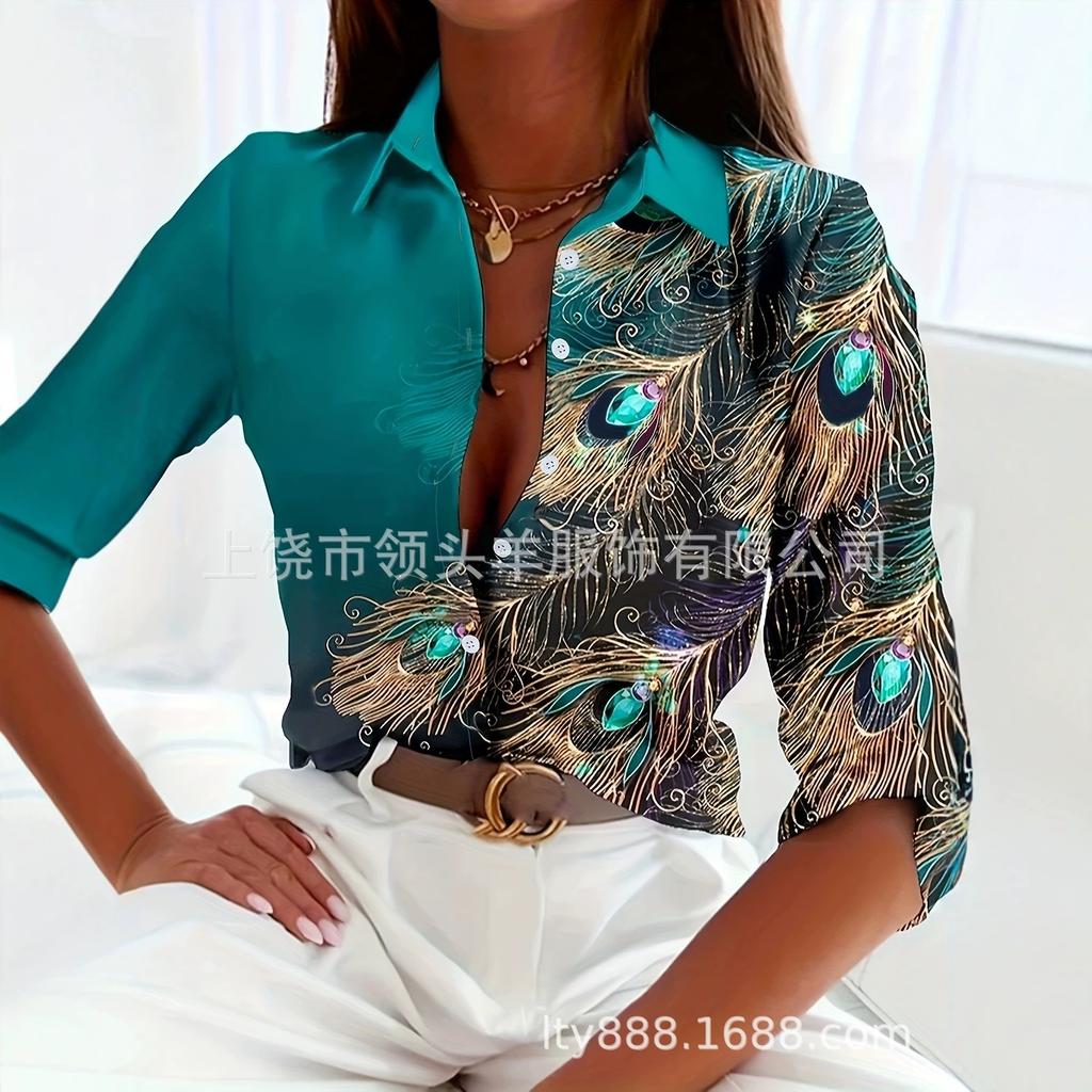Peacock feather print contrasting satin shirt, European and American elegant long-sleeved top