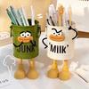 Cartoon Pen Holder Retro Bucket Shape Desk Organizer Large Capacity Storage Holder for Pens Pencils Makeup Brushes