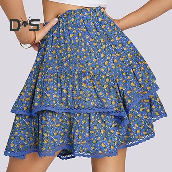Женская юбка-торт с высокой талией, двухслойная мини-юбка в стиле бохо с оборками и эластичным поясом, кружевная юбка с подолом