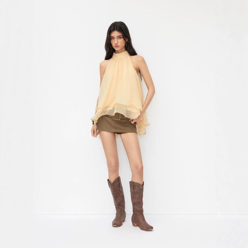 Women S Loose Ruffled Halter Neck Chiffon Blouse Summer Casual Top