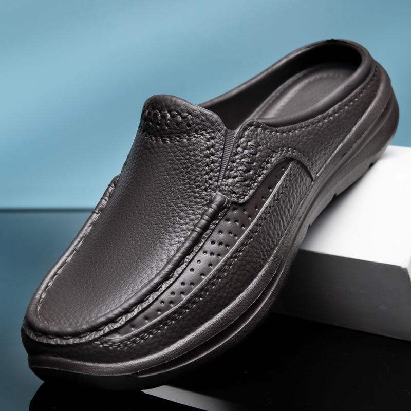 Men's Casual Leather Slip-On Toe Slippers, Large Size 46, Stylish and Comfortable for Summer.