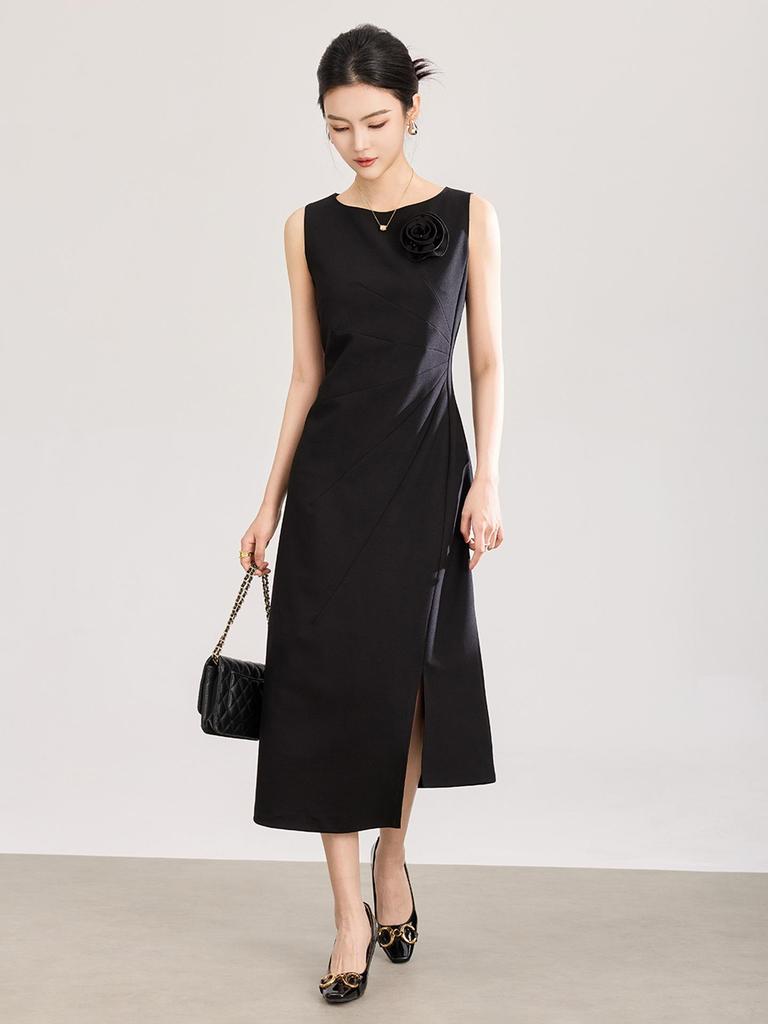 High-Tech Oblique Cut Vest Dress with Flower Brooch - Women's Summer Formal Wear