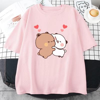Футболка с рисунком медведя панды, милые футболки Bubu и Dudu, футболки с короткими рукавами и принтом для девочек из 100% хлопка, топы Kawaii с круглым вырезом, повседневные топы Ullzang