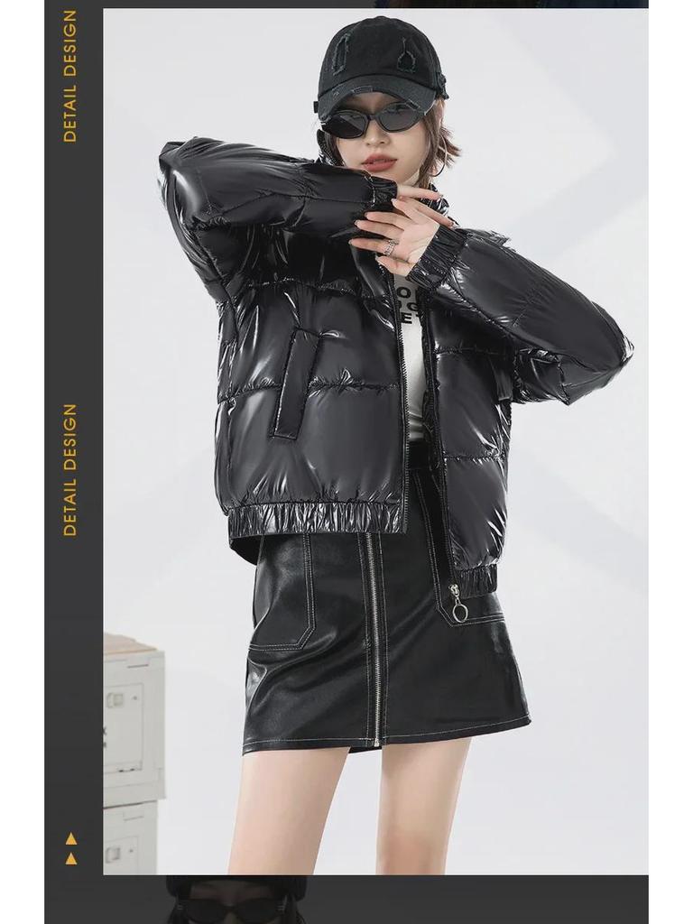 Женская короткая куртка-пуховик в корейском стиле - модное блестящее хлопковое пальто с капюшоном для зимы