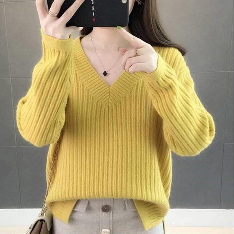 Women's Loose Fit V-Neck Striped Pullover Sweater - 2024 Autumn/Winter Korean Style