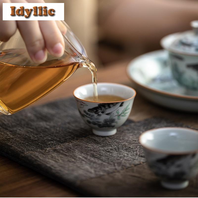 2pc/lot Ancient Blue Underglaze Colored Mandarin Fish Teacup Retro Tea Bowl Mug Tea-tasting Smelling Cup Chazhan Master Cup 40ml
