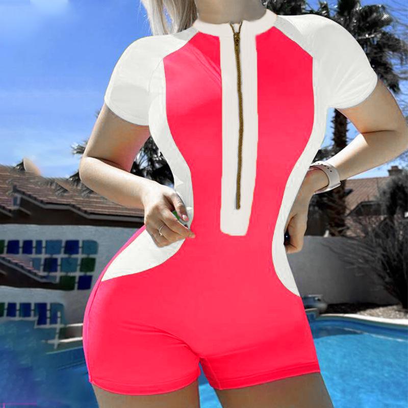 2024 Women's Color Block Sport One-Piece Swimsuit with Tummy Control and Short Sleeves