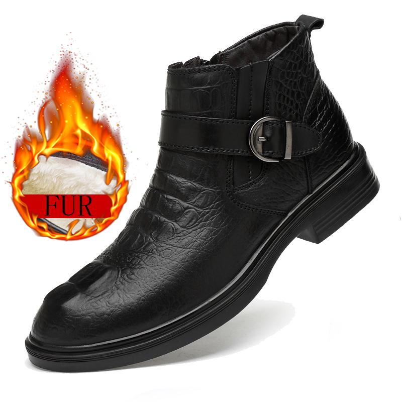 Зимние высококачественные кожаные ботинки, мужские кожаные ботинки «Челси» на толстой подошве, черные деловые ботинки, повседневные ботинки с узором из крокодиловой кожи