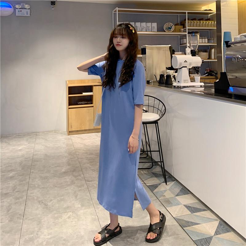 Summer Casual Long Knee Split Short Sleeve Nightgown Women's Plus Size Loose Straight T-Shirt Dress