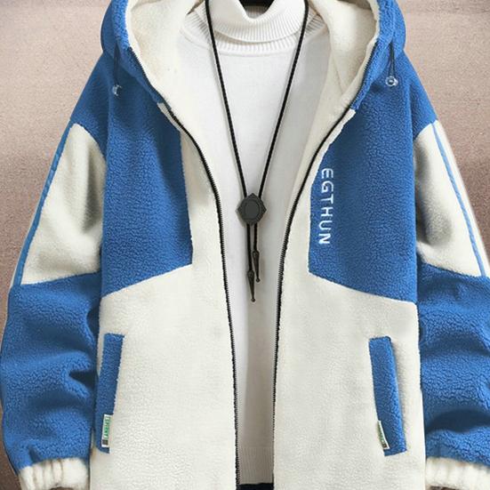 Мужская куртка Осень Зима Colorblock С капюшоном На молнии Кардиган Толстый Плюшевый Декор с буквами