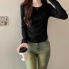 Flower ash slim-fitting long-sleeved soft waxy mask T-shirt for women's early autumn new models with solid color pleated and thin design top