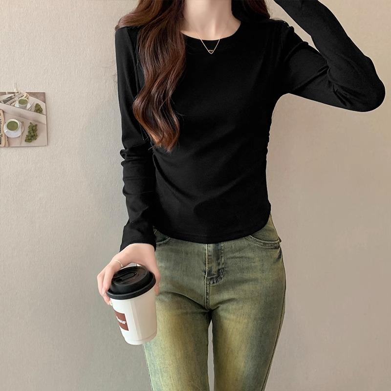 Flower ash slim-fitting long-sleeved soft waxy mask T-shirt for women's early autumn new models with solid color pleated and thin design top