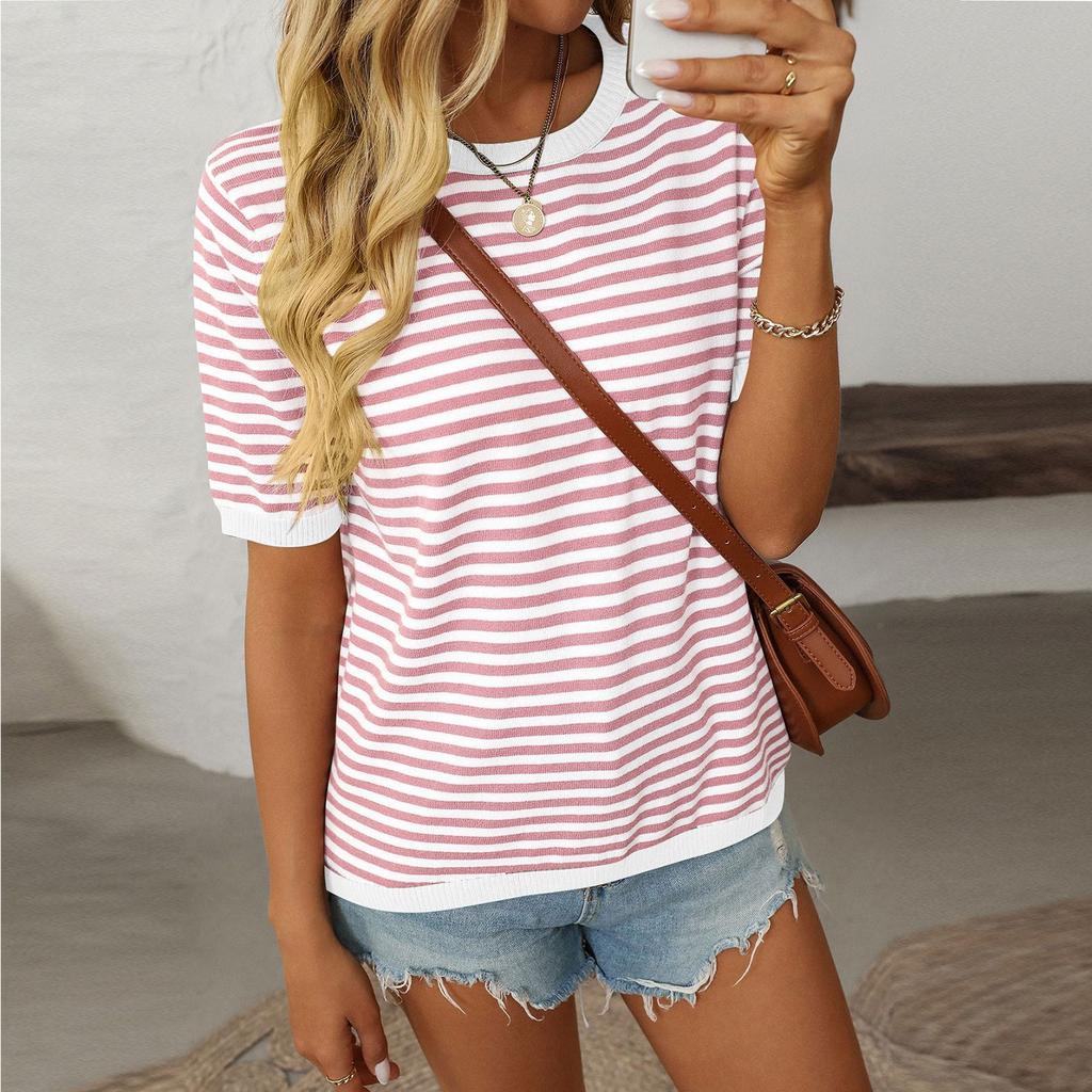Женская модная свободная футболка с круглым вырезом в полоску с коротким рукавом и цветным узором