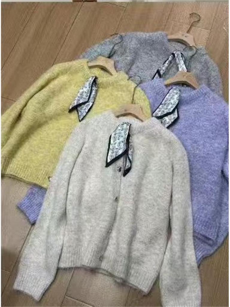 Шелковый лоскутный вязаный кардиган - Женский осенне-зимний корейский стиль, свободный крой, круглый вырез