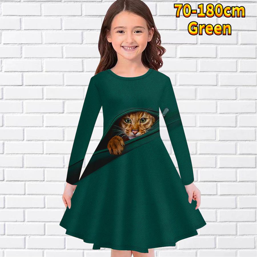Повседневное платье для девочки на молнии с принтом кота и круглым вырезом, длинными рукавами, детское платье принцессы