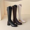 Women's Stretch Square Toe Chunky Heel Thigh-High Boots with Back Zipper and V-Cut