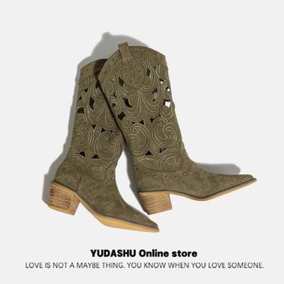 Модные женские сапоги до середины голени в стиле вестерн на каблуках с вышивкой, полые ковбойские сапоги для женщин, осень-зима, модные сапоги из искусственной кожи 2024