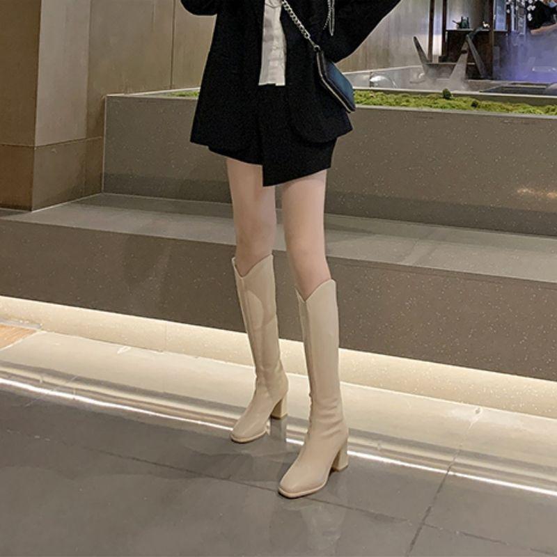 Модные ботильоны на толстом каблуке, показывающие высокий каблук, маленького человека, но ботфорты женские V-образный вырез, осенне-зимние новые модели