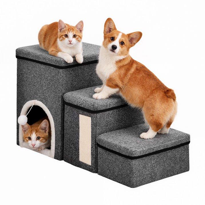Dog Stairs, 3-Step Pet Stairs for Small Medium Dogs, Foldable Pet Steps Dog Ramp