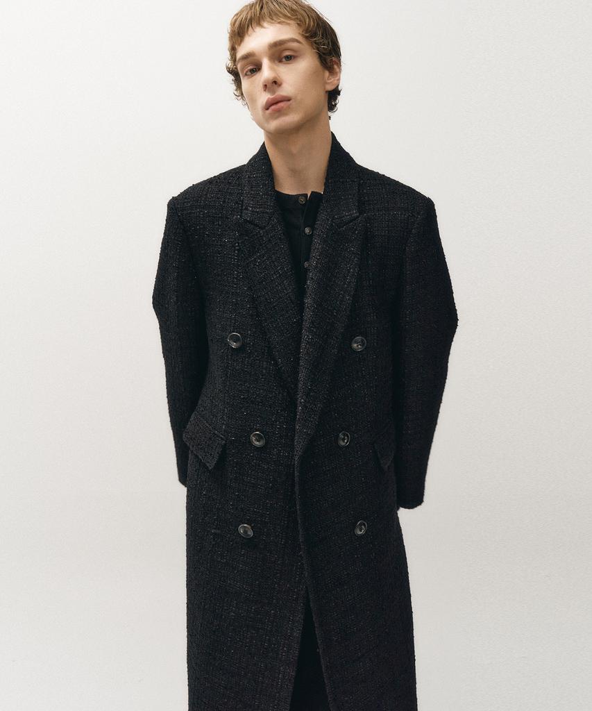 Noirer Fancy Tweed Double-Breasted Coat (Black)