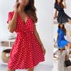 Женское летнее модное мини-платье с коротким рукавом и V-образным вырезом, женское платье в горошек с разрезом, Vestidos для женщин, пляжное платье в стиле бохо