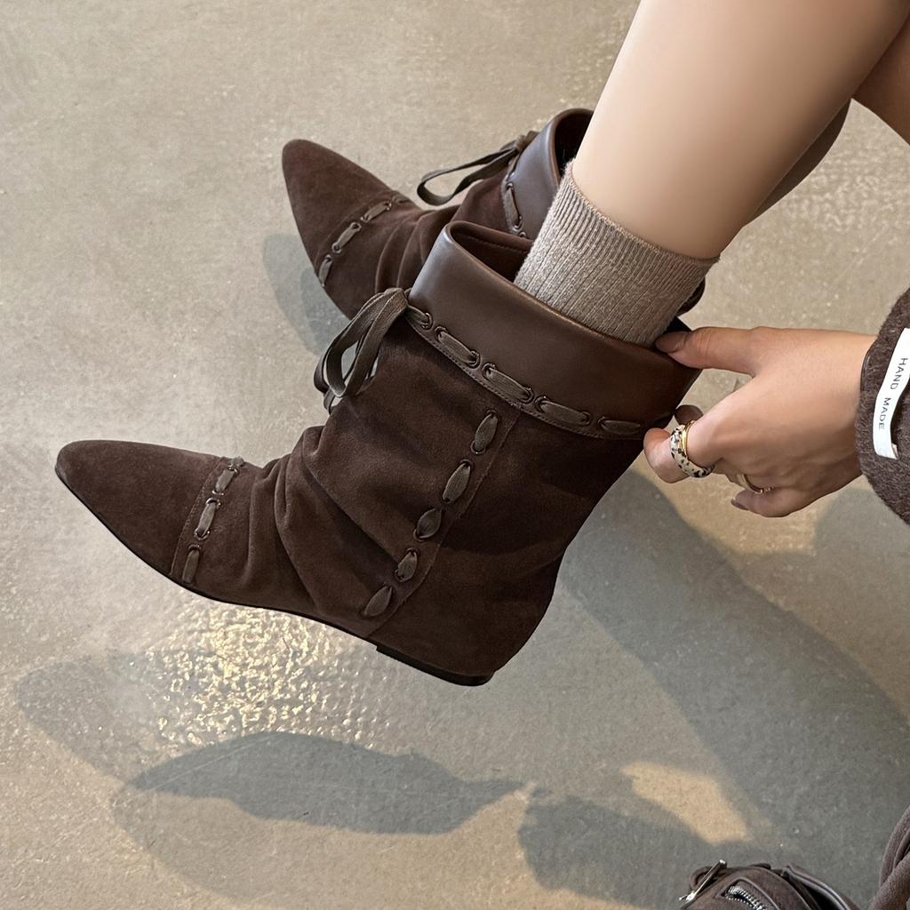 Нишевые ретро остроносые штабелируемые сенсорные складные двухниточные штабелируемые ботинки женские ремни Maillard ковбойские ботинки в западном стиле