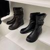 2025 Autumn and Winter New Round Head Belt Buckle Pleated Stacking Boots Versatile Fashion Martin Women's Short Boots