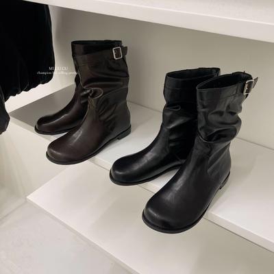 2025 осень и зима новая круглая голова пряжка ремня плиссированные ботильоны универсальная мода мартин женские короткие ботинки