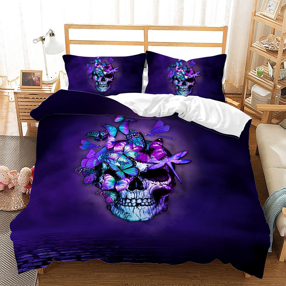 3D Skull Head Pattern Fashion Home Bedding Single Double Bed Full Size Pillowcase and Quilt Cover 2/3 Pieces of Microfiber Home Decoration