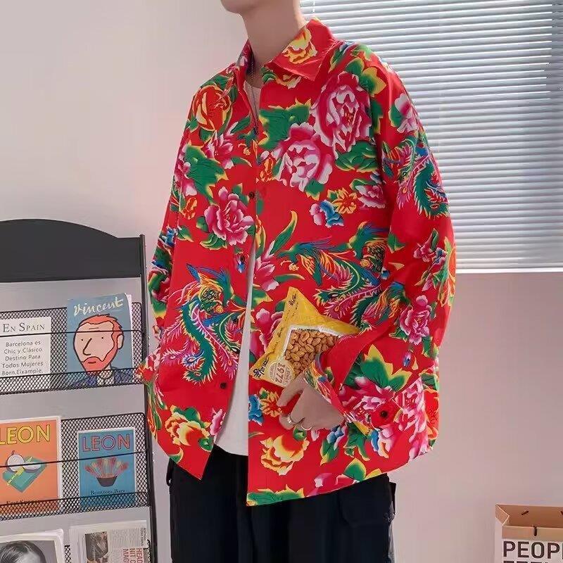 Northeast Big Flower Shirt Spring And Autumn Long-Sleeved Peony Flower Shirt Festive Clothes Funny Trend Retro Ethnic Style Coat