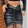 Stylish Bag Hip Skirt Temperament Solid Color Pleated PU Female Skirt Handsome Slim High Waist A-line Skirt