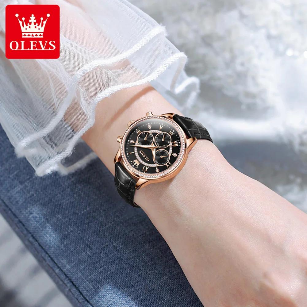 Women's Watches Fashion Elegant Diamond Bezel Watch for Ladies Soft Leather Strap Waterproof Luminous Chronograph