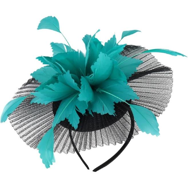 Bridal Fascinator Hat with Veil and Mesh, Black and Lake Blue Wedding Headpiece for Women, Tea Party and Special Occasion Accessory