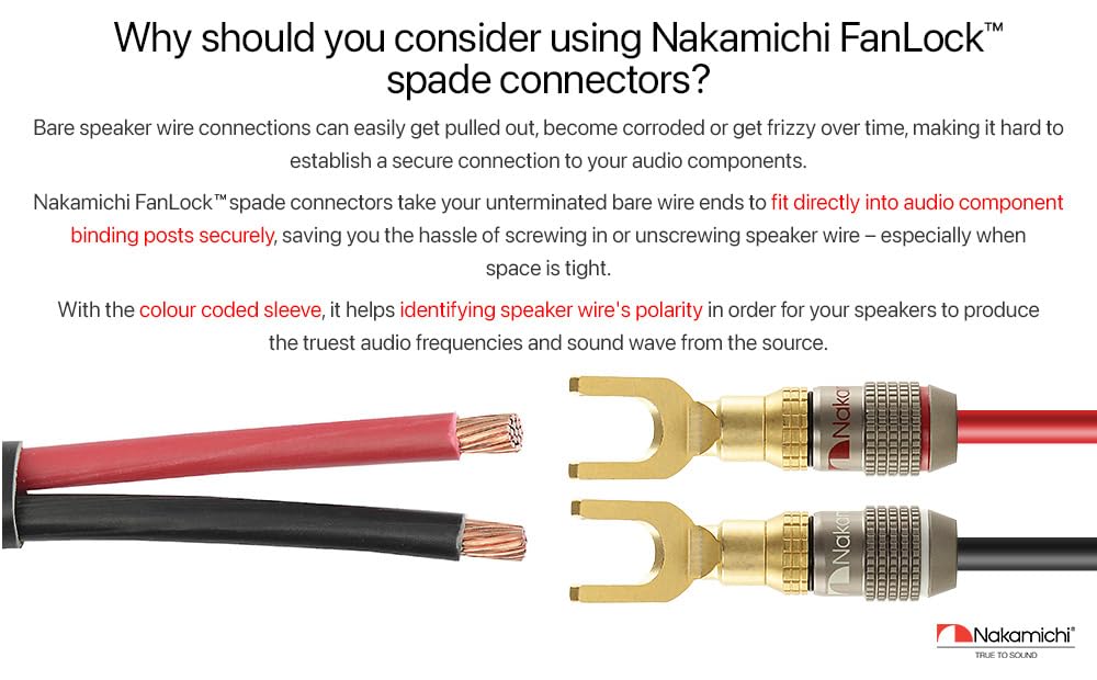 Nakamichi FanLock Excel Series 24k Gold Plated Spade Connector Banana 10 AWG 18 AWG 4mm for Home Audio Wire AV Quick 4pcs Plugs, - Gauge, Size,