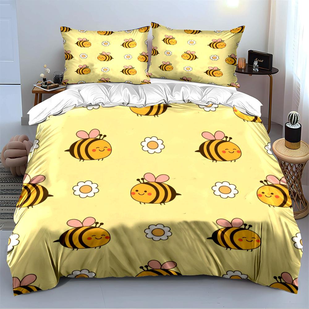 Cute Cartoon Bee and Daisy Bedding Set Bedding set (1 duvet cover, 2 pillowcases, duvet not included)
