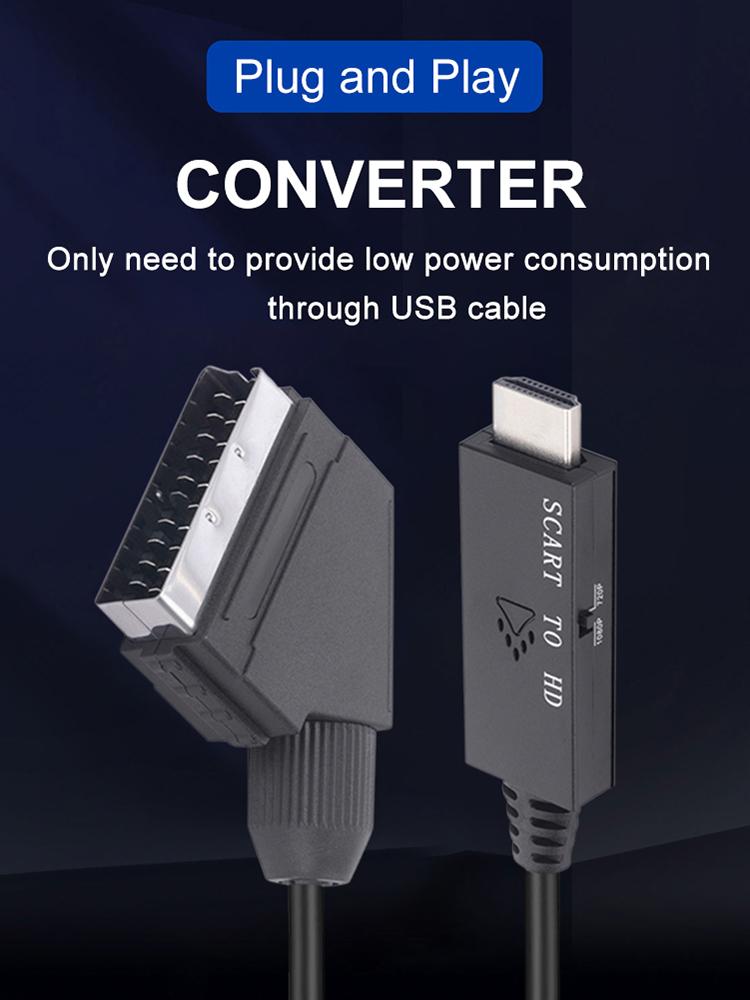 1m HD Converter Scart To HDMI-compatible 1080P Video Audio Converter Adapter DC 5V Micro USB Cable Accessories for HDTV/DVD