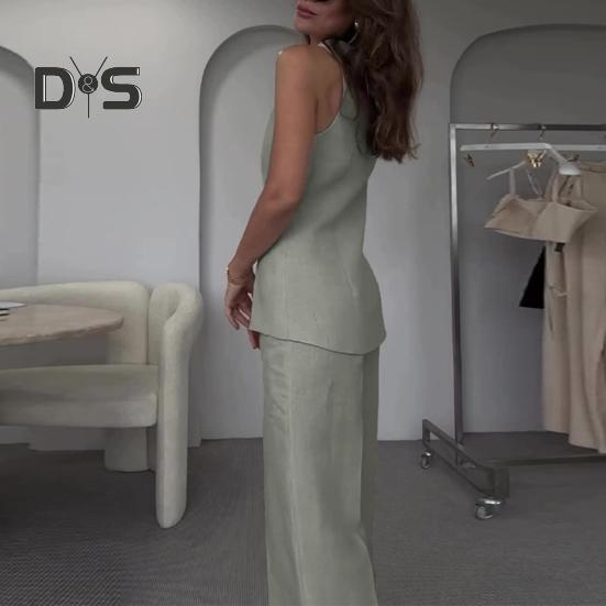 Women Commuting Suit V-neck Sleeveless Top Wide Leg Pants with Split Ends Urban Casual Style Two-piece Set Commuter Outfit for Work Parties Vacations