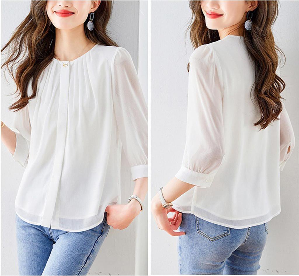 Рубашка Блузка для Элегантная Свободная Для Повседневной Носки Большая Осень [Lalapala] Женская, Шифон, Топ, Посадка, Однотонная, Стройнящая, Взрослая, Стильная, Элегантная, Универсальная, 3/4