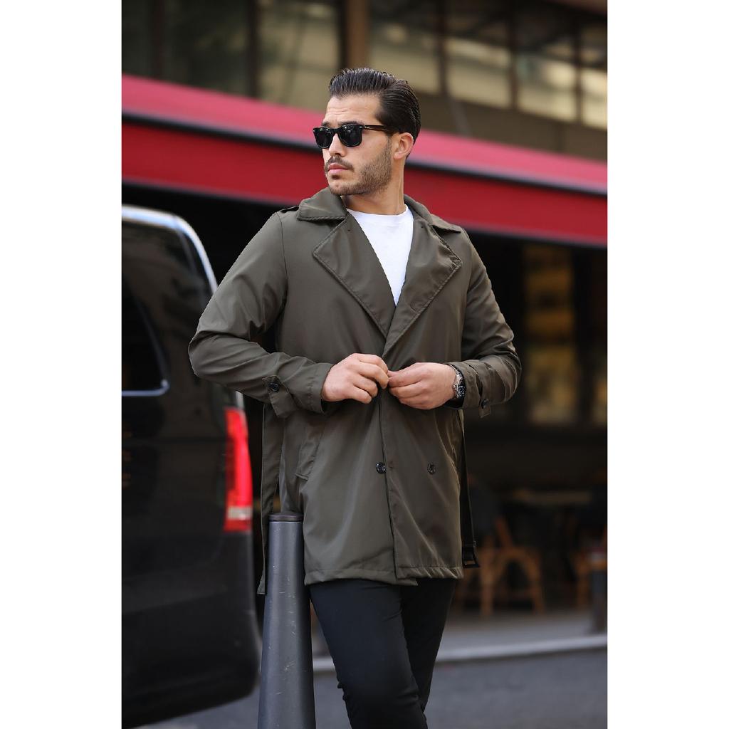 Мужской черный водо- и ветрозащитный плащ с поясом, верхнее пальто