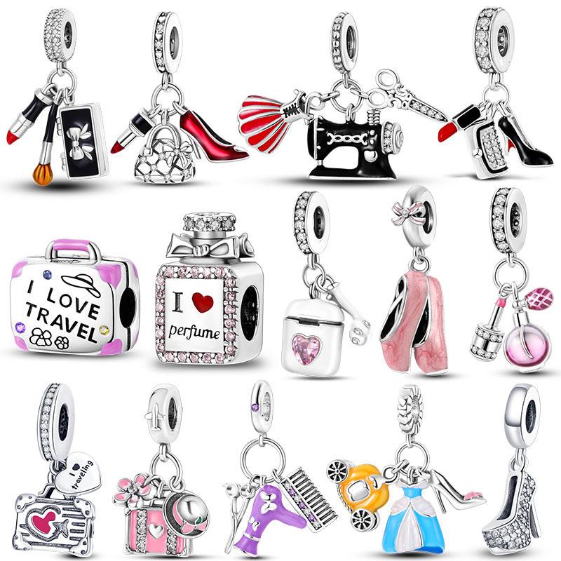 925 Silver Lipstick High Heels Charms For Lady Pendant Fit Bracelet DIY Ornament
