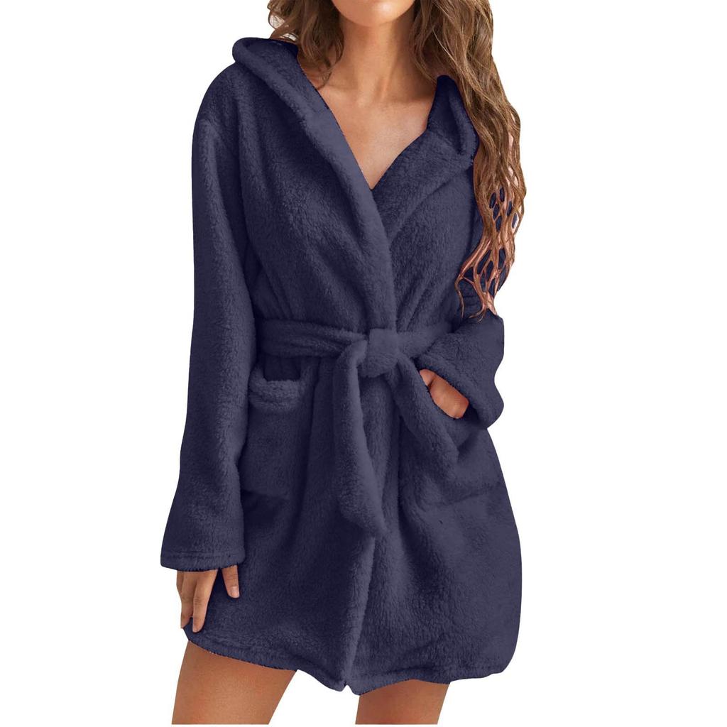 Winter Women Bath Robe Fluffy Plush Pyjamas Ladies Sexy Hooded Dressing Solid Color Gown Warm Bathrobe Female Loungewear