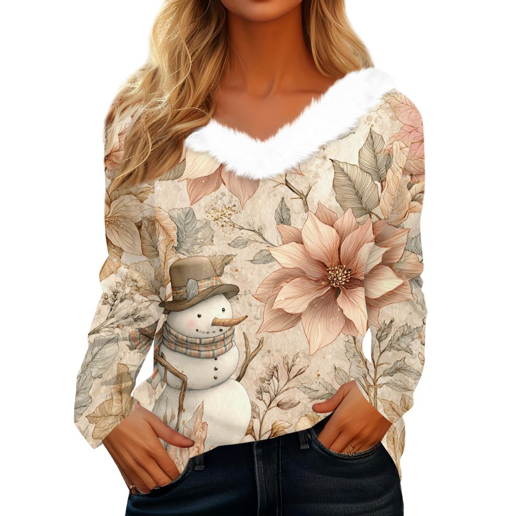 Рубашки с длинным рукавом для женщин Милые топы Рождественские принты Футболки Блузки Повседневные топы больших размеров Базовые топы Пуловеры