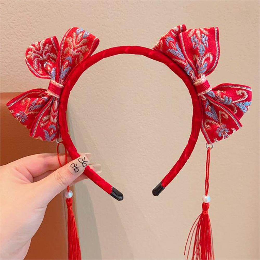 Tassel Chinese New Year Headwear Plush Ball Red Hairband Sweet Hanfu Hair Bun Hair Hoop Children