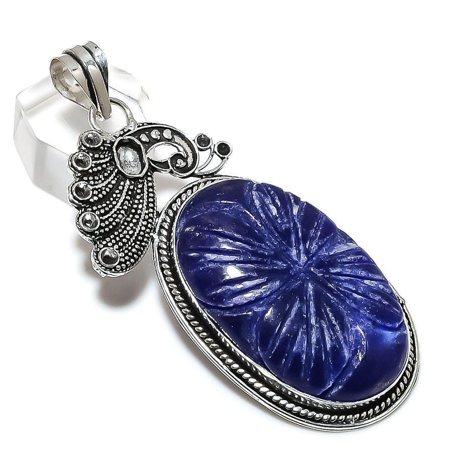 Бирманский Сапфир Драгоценный камень 925 Стерлинговое Серебро Ювелирный Подвеска 2,96" n3a74