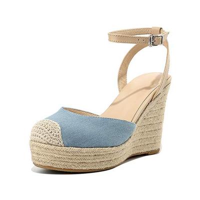 Лето-осенняя обувь из коровьей кожи с круглым носком на танкетке и каблуке, женские туфли-лодочки с плетением травы на щиколотке