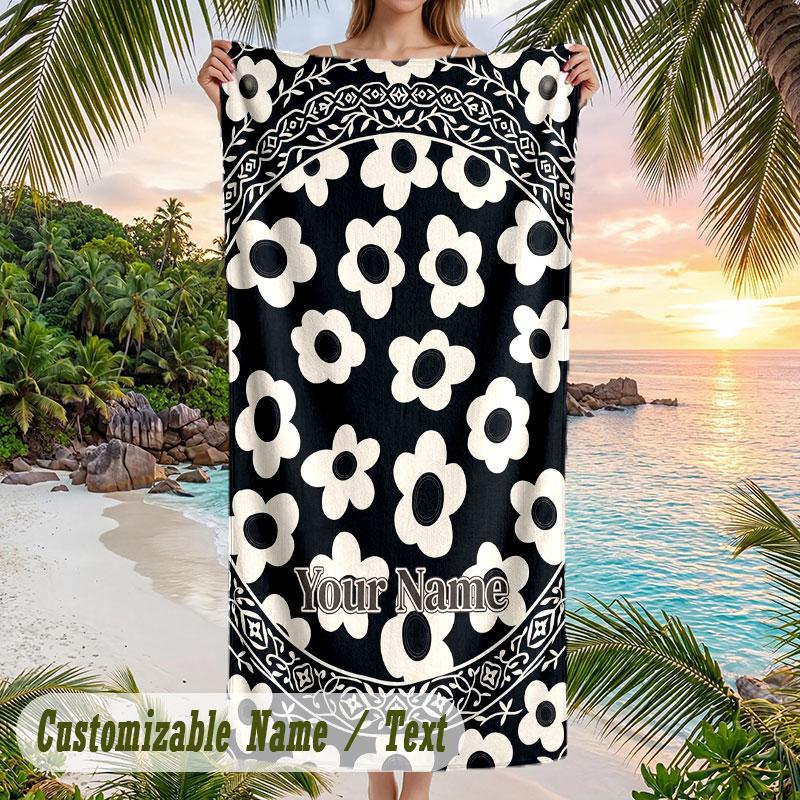 Floral 11 Theme Quick Dry Beach Towel Custom Name Text Print Large Sand Resistant Towel Beach Vacation