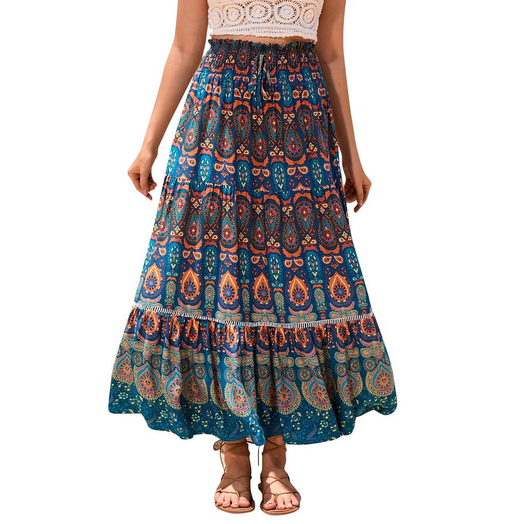 Women's Ethnic Style Printed Skirt Bohemian Beach Skirt Hollow Lace Splicing Long Skirt For Women