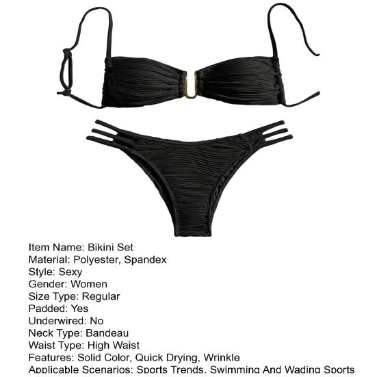 2Pcs/Set Women Bikini Set Sling Bandeau Padded Bra Wrinkle Texture Briefs Set Patchwork Color Split Swimsuit