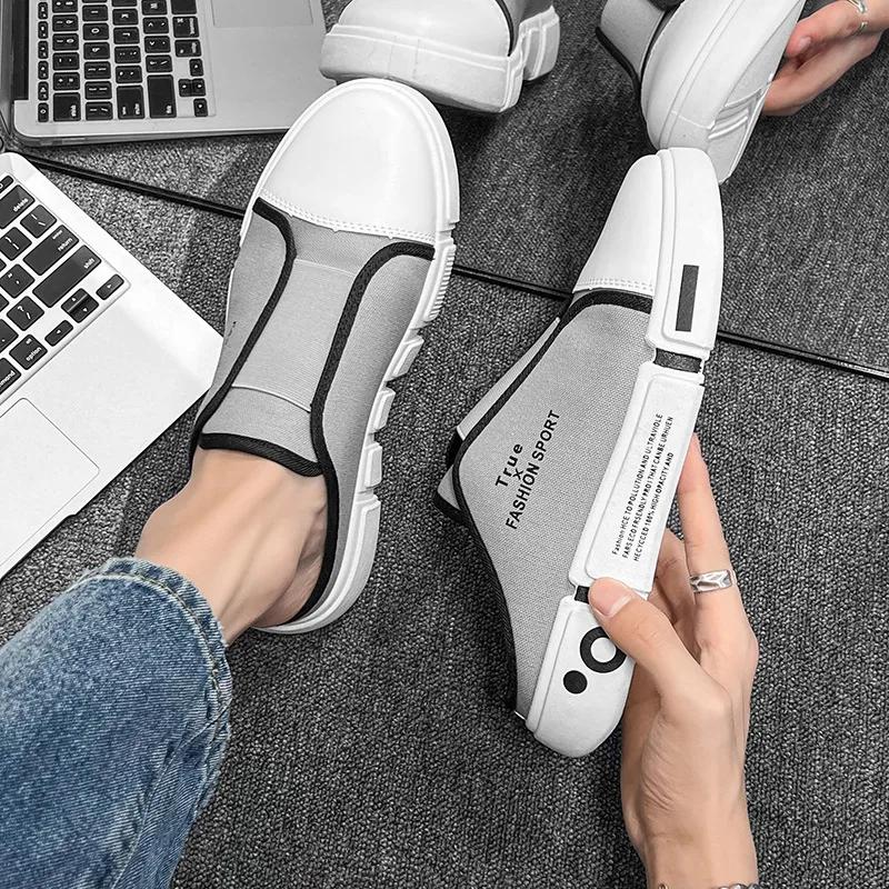 Men's Slippers Baotou Shoes Half Trailer Canvas 2024 Summer New Board Shoes Small White Shoes One Foot Pedal Slippers
