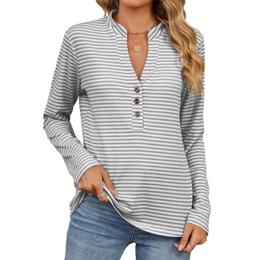 Women's Fashion Striped V Neck SLong Sleeve Button Casual T-shirt Top